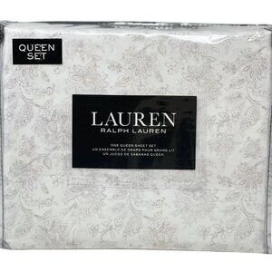 RALPH LAUREN 4PC Queen Supreme Cotton Gray & White Jacobean Floral Sheet Set NEW